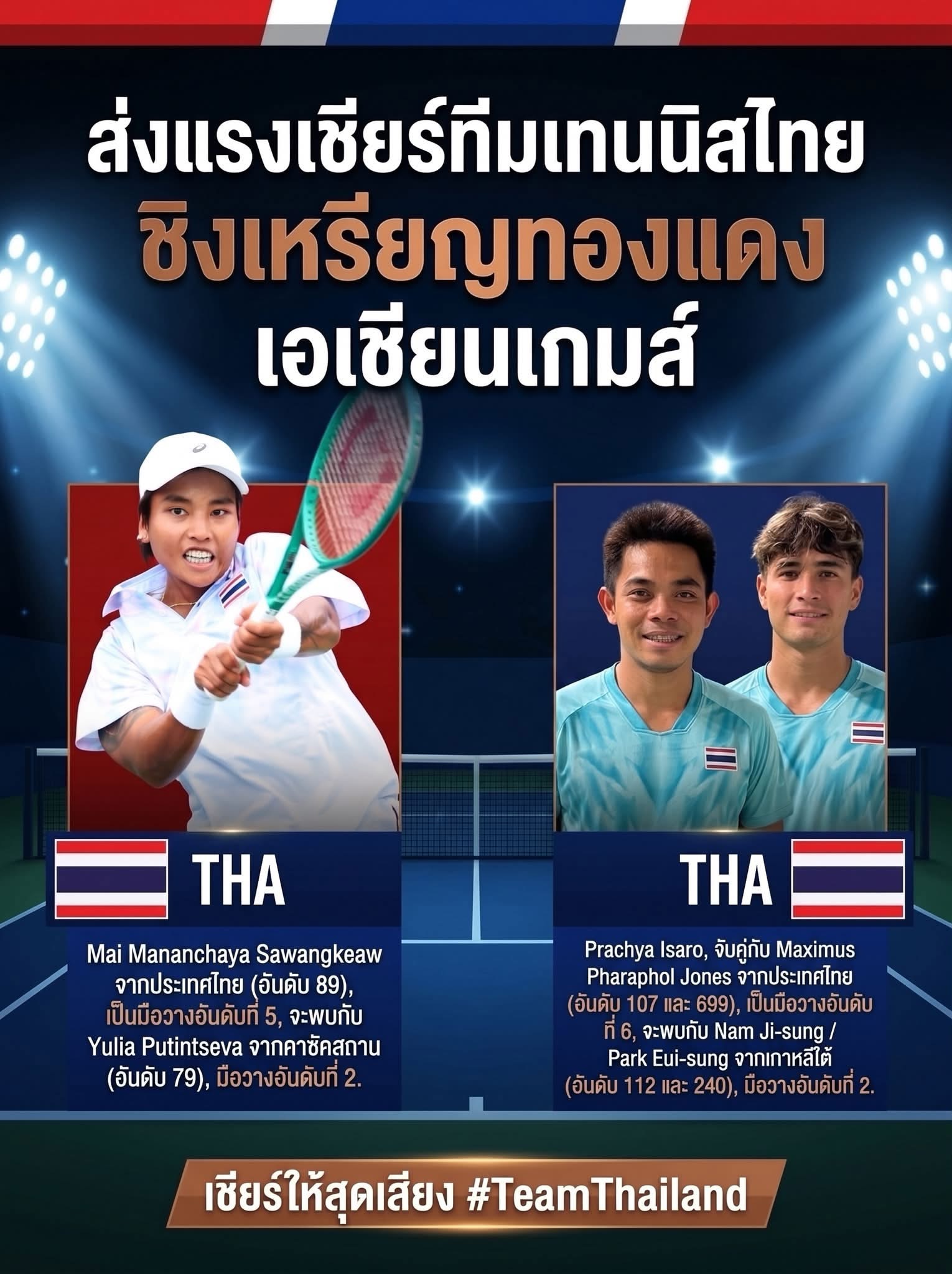โปรแกรมการแข่งขันเทนนิส 🎾 เอเชียนเกมส์ 2026 ของนักกีฬาไทย  วันที่ 30 ก.ย. 2569